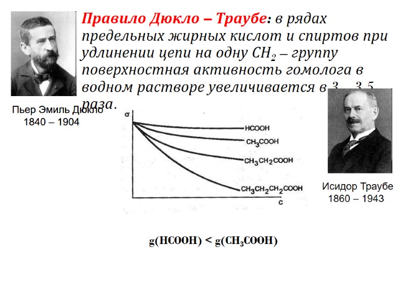 Правило Дюкло – Траубе: в рядах предельных жирных кислот и спиртов при удлинении цепи Правило Дюкло – Траубе: в рядах предельных жирных кислот и спиртов при удлинении цепи
